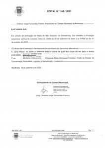 Interdição da circulação  automóvel na Rua de Coimbra, entre as 12h00 de 30 de setembro de 2023 e as 07h00 de dia 01  de outubro de 2023