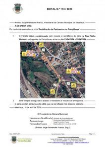 Condicionamento de trânsito com recurso a semáforos de obra na Rua Fialho Almeida, na freguesia de Pampilhosa, entre os dias 23/04/2024 e 25/04/2024