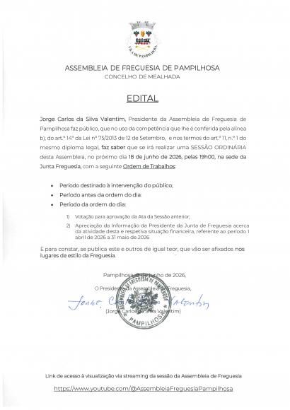 Edital Assembleia de Freguesia - 18 de junho de 2026