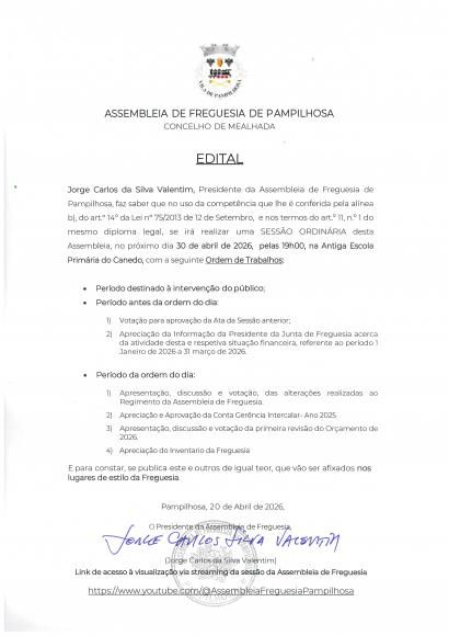 Edital Assembleia de Freguesia - 30 de abril
