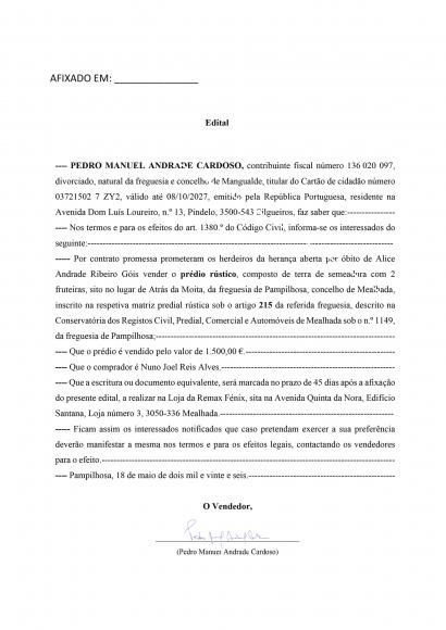 Edital sobre os direitos de prefer&ecirc;ncia para os confinantes