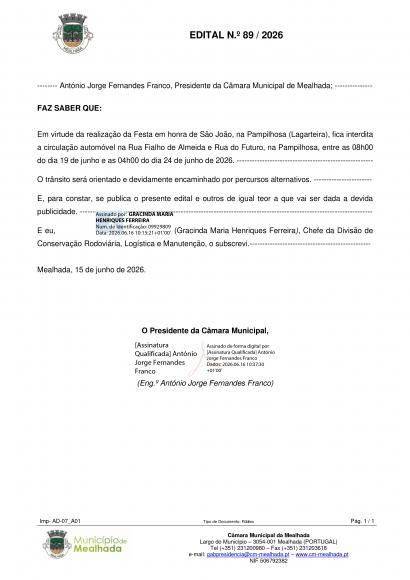 Interdi&ccedil;&atilde;o  circula&ccedil;&atilde;o autom&oacute;vel na Rua Fialho de Almeida e Rua do Futuro, na Pampilhosa, entre as 08h00  do dia 19 de junho e as 04h00 do dia 24 de junho de 2026