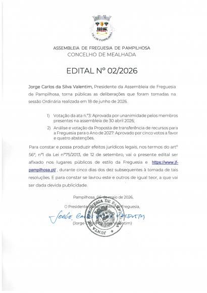 Edital 02/2026 Delibera&ccedil;&otilde;es Sess&atilde;o da Assembleia Freguesia  18 de junho de 2026