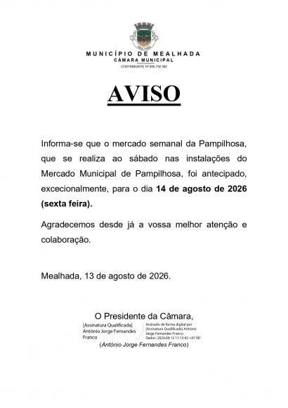 Altera&ccedil;&atilde;o - Mercado semanal da Pampilhosa (14/08/2026)